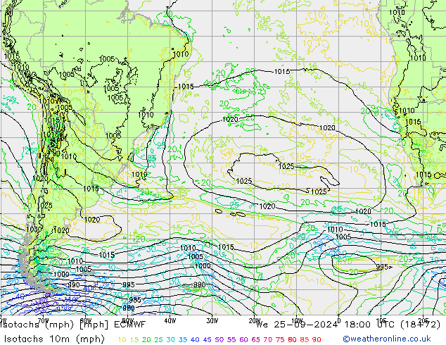 Isotachs (mph) ECMWF mer 25.09.2024 18 UTC