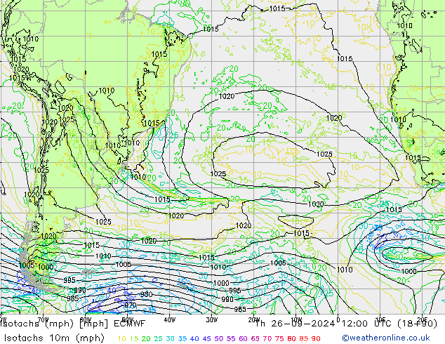 Isotachen (mph) ECMWF do 26.09.2024 12 UTC