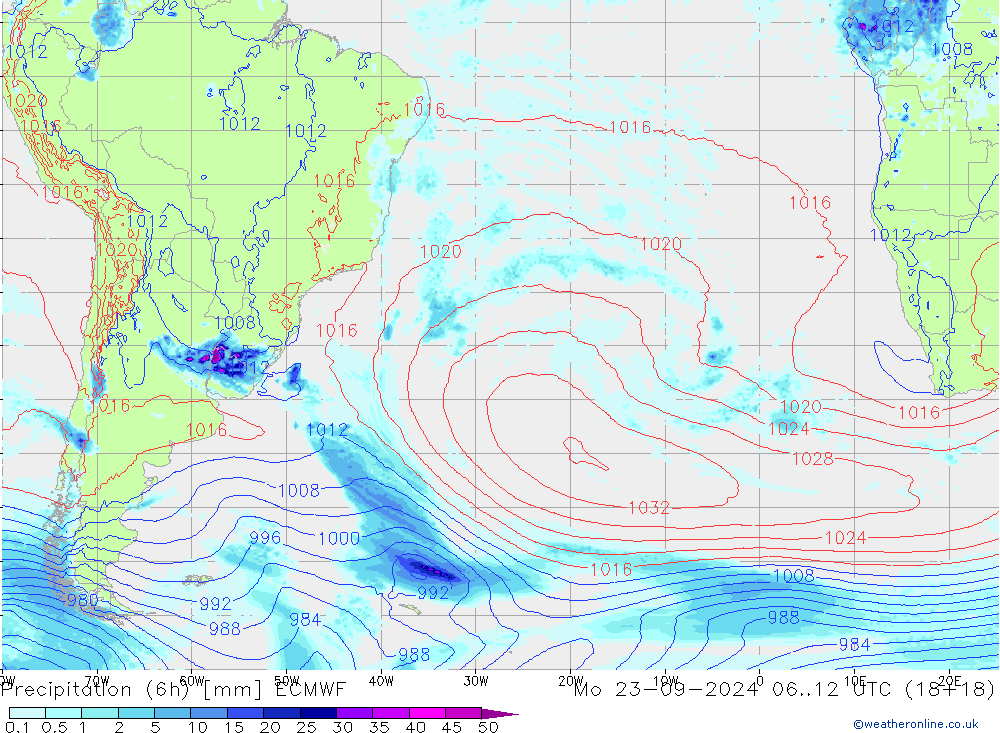 Precipitation (6h) ECMWF Po 23.09.2024 12 UTC