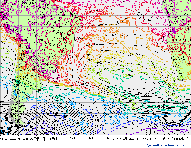 Theta-e 850hPa ECMWF Mi 25.09.2024 06 UTC