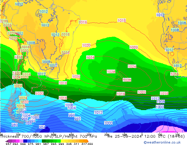 Thck 700-1000 hPa ECMWF mer 25.09.2024 12 UTC