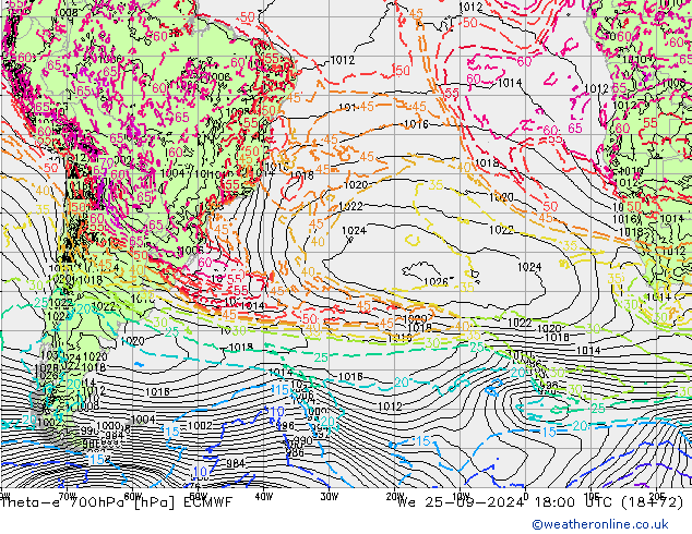 Theta-e 700hPa ECMWF Mi 25.09.2024 18 UTC