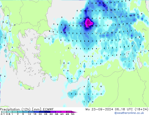 Precipitation (12h) ECMWF Mo 23.09.2024 18 UTC