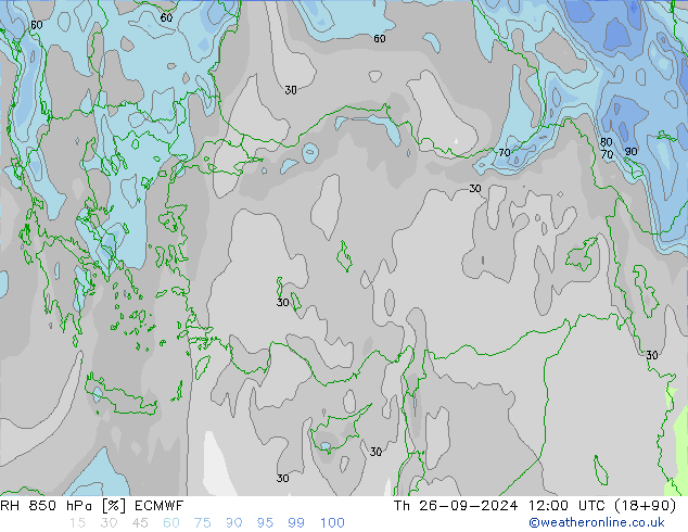 Humedad rel. 850hPa ECMWF jue 26.09.2024 12 UTC