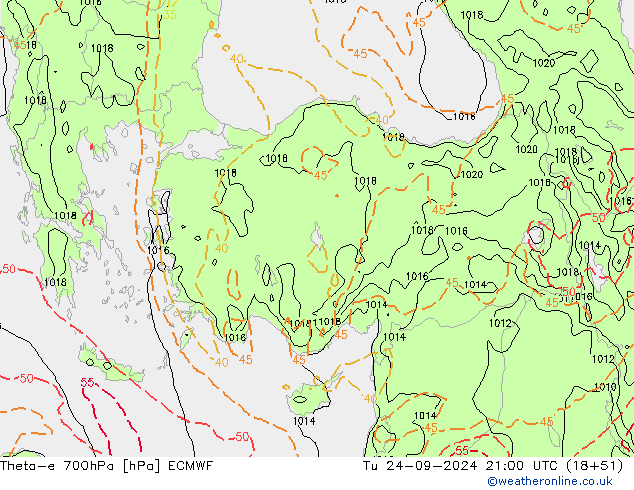 Theta-e 700hPa ECMWF mar 24.09.2024 21 UTC