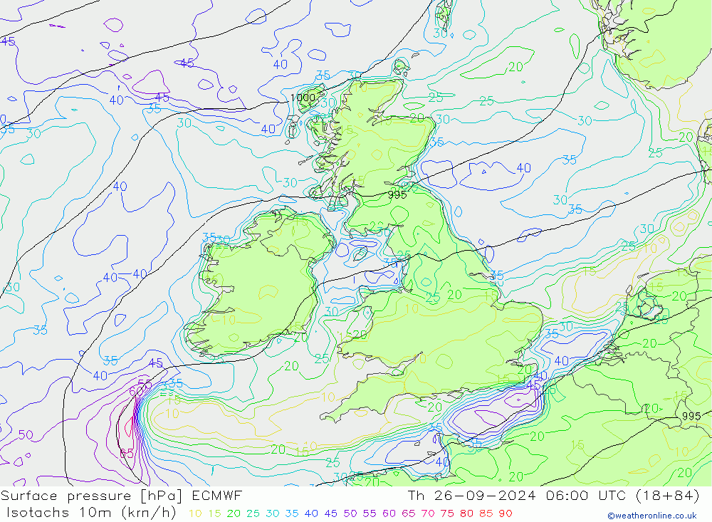 Isotachs (kph) ECMWF jeu 26.09.2024 06 UTC