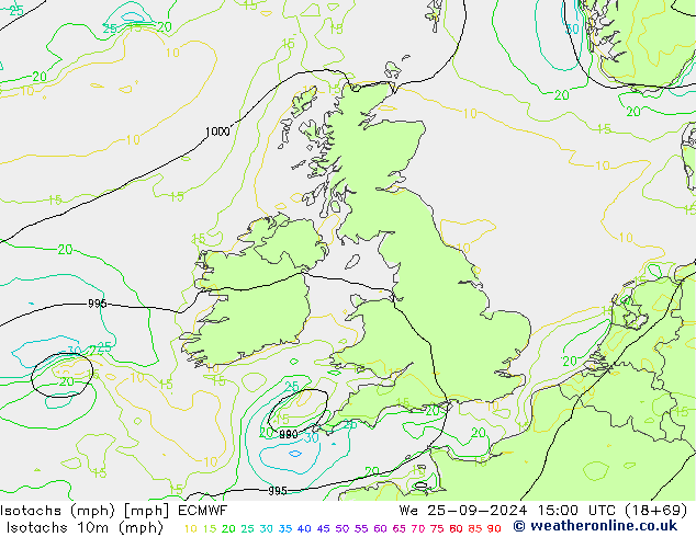 Isotachen (mph) ECMWF Mi 25.09.2024 15 UTC