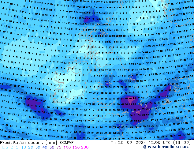 Precipitation accum. ECMWF Qui 26.09.2024 12 UTC