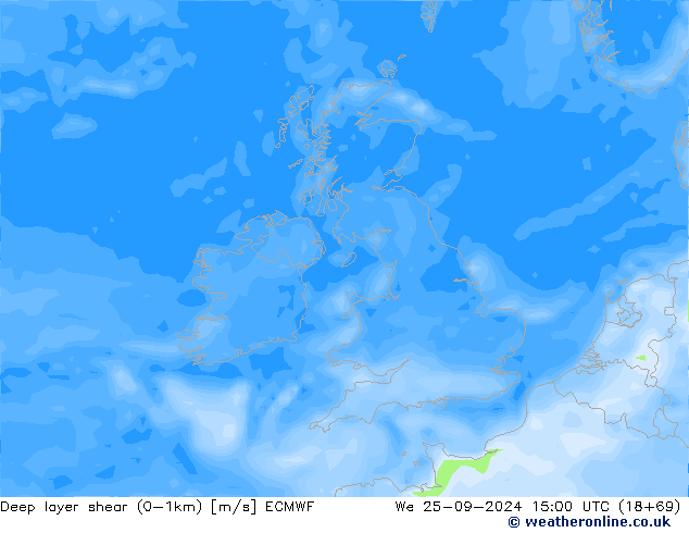 Deep layer shear (0-1km) ECMWF Mi 25.09.2024 15 UTC