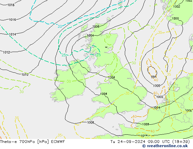 Theta-e 700hPa ECMWF Tu 24.09.2024 09 UTC