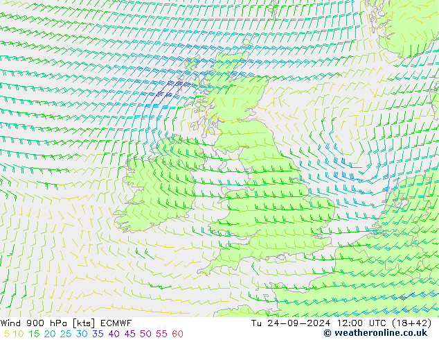 Wind 900 hPa ECMWF Út 24.09.2024 12 UTC