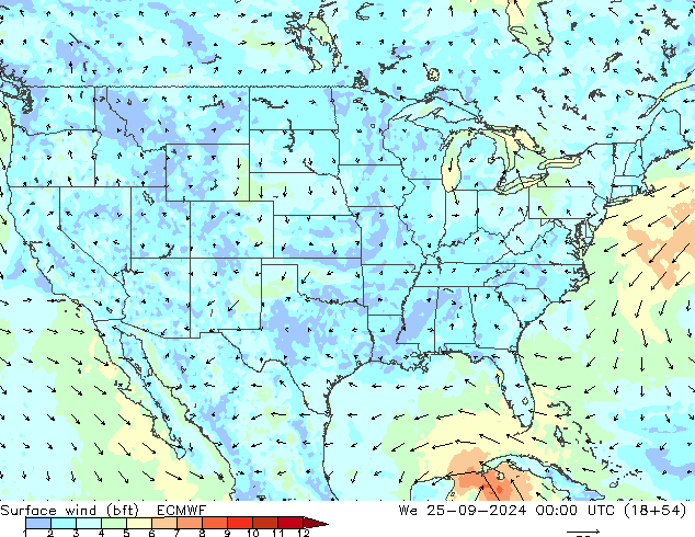 Vent 10 m (bft) ECMWF mer 25.09.2024 00 UTC