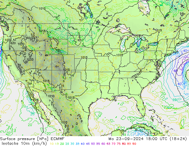 Izotacha (km/godz) ECMWF pon. 23.09.2024 18 UTC