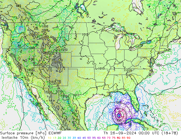 Isotachs (kph) ECMWF gio 26.09.2024 00 UTC