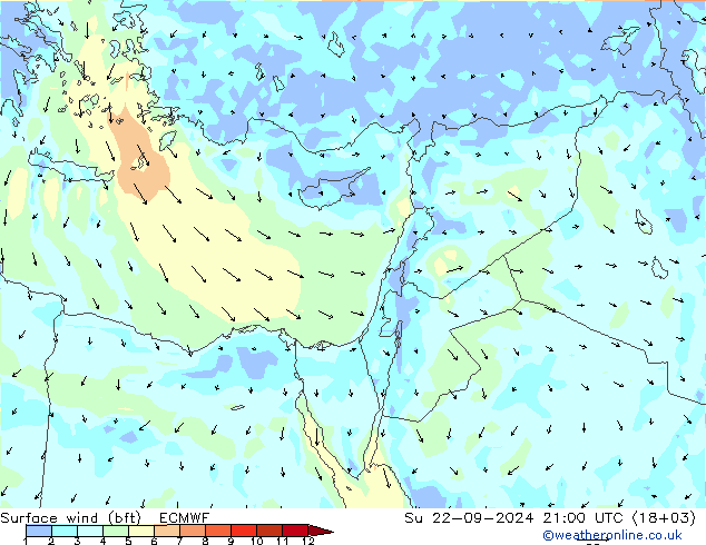 Surface wind (bft) ECMWF Su 22.09.2024 21 UTC