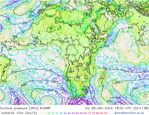 Isotachs (kph) ECMWF Sa 28.09.2024 18 UTC