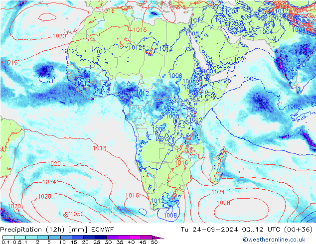 Precipitation (12h) ECMWF Út 24.09.2024 12 UTC