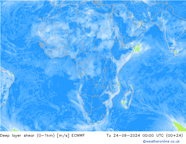 Deep layer shear (0-1km) ECMWF Sa 24.09.2024 00 UTC