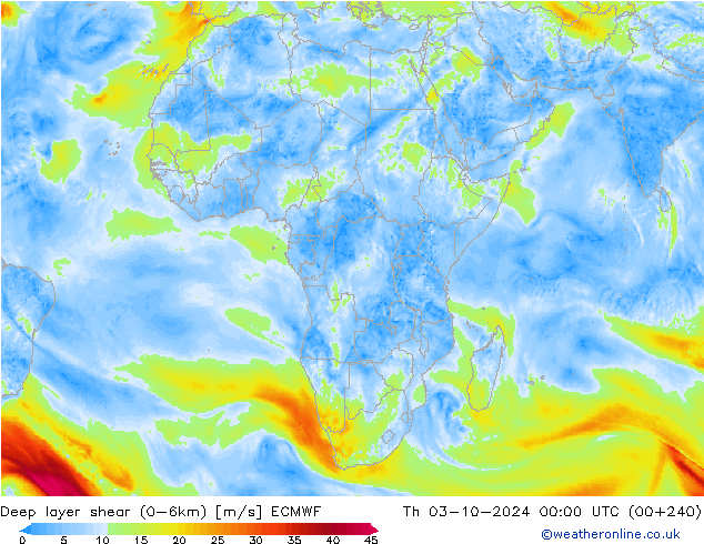 Deep layer shear (0-6km) ECMWF Qui 03.10.2024 00 UTC