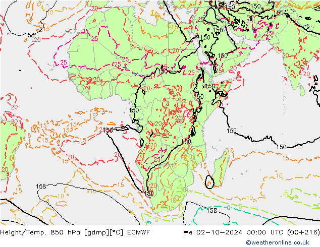 Height/Temp. 850 hPa ECMWF Qua 02.10.2024 00 UTC