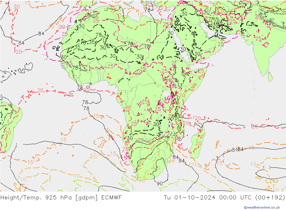 Height/Temp. 925 hPa ECMWF Tu 01.10.2024 00 UTC