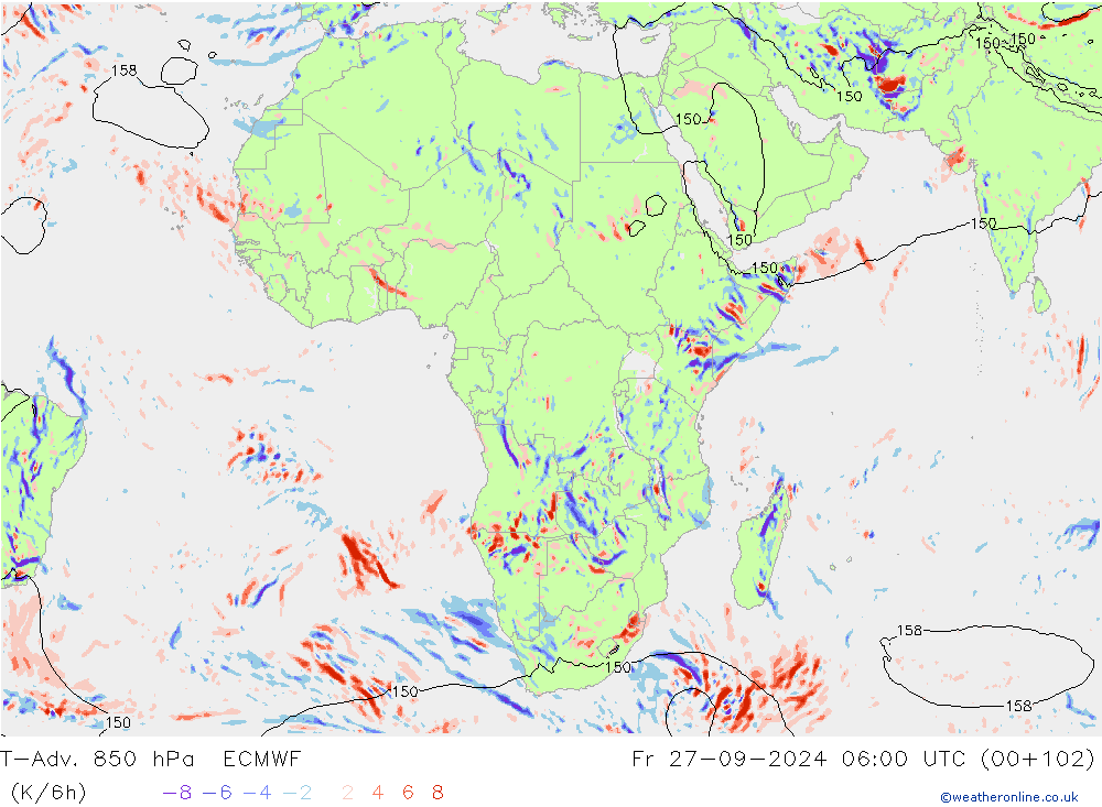 T-Adv. 850 hPa ECMWF vr 27.09.2024 06 UTC