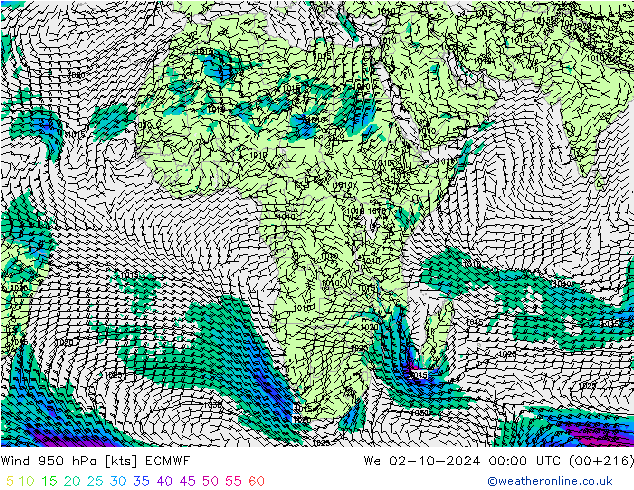 Vent 950 hPa ECMWF mer 02.10.2024 00 UTC