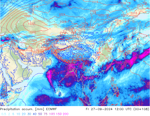 Totale neerslag ECMWF vr 27.09.2024 12 UTC