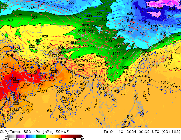 SLP/Temp. 850 hPa ECMWF Út 01.10.2024 00 UTC