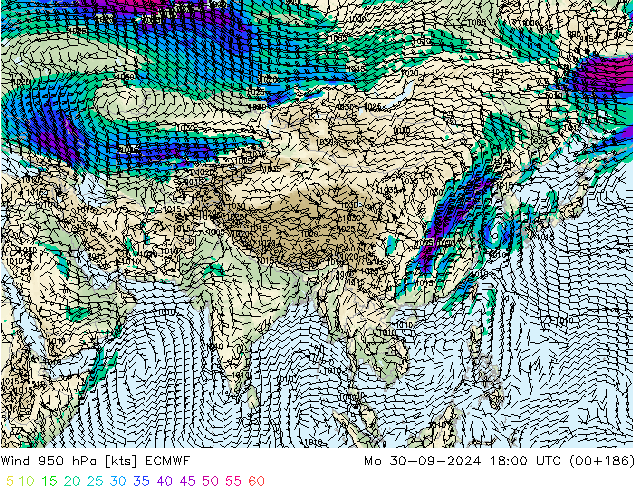 Rüzgar 950 hPa ECMWF Pzt 30.09.2024 18 UTC