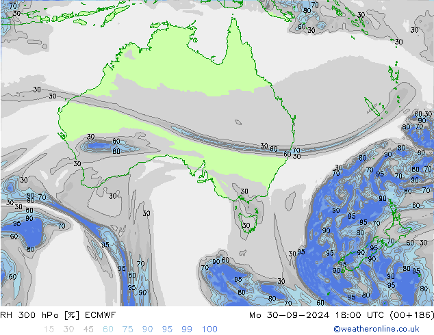 RH 300 hPa ECMWF Mo 30.09.2024 18 UTC