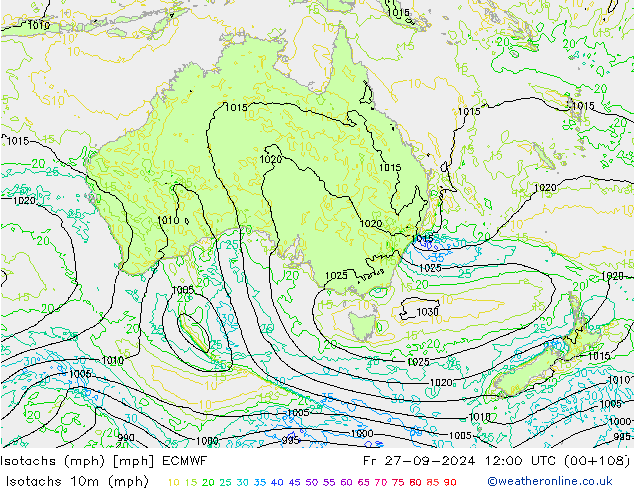 Isotachen (mph) ECMWF vr 27.09.2024 12 UTC