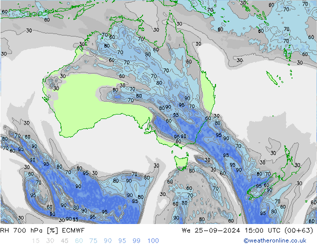 RH 700 hPa ECMWF Qua 25.09.2024 15 UTC