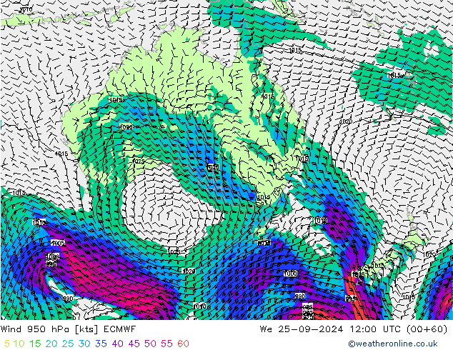 Vento 950 hPa ECMWF Qua 25.09.2024 12 UTC