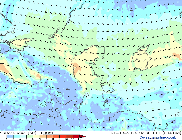 Wind 10 m (bft) ECMWF di 01.10.2024 06 UTC