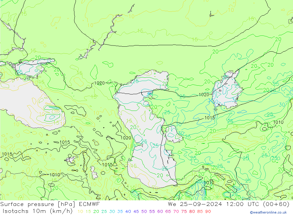 Isotachs (kph) ECMWF Qua 25.09.2024 12 UTC