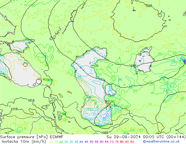 Isotachen (km/h) ECMWF zo 29.09.2024 00 UTC