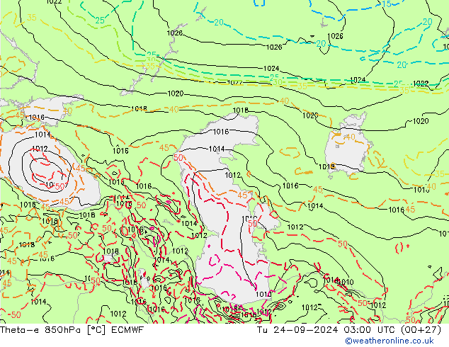 Theta-e 850hPa ECMWF Út 24.09.2024 03 UTC