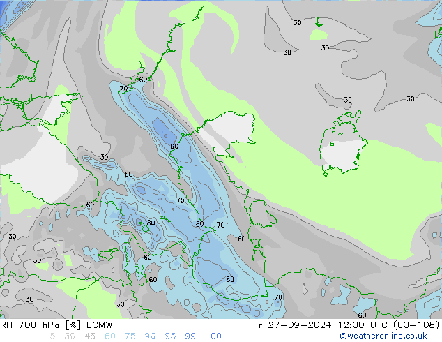 RH 700 hPa ECMWF Fr 27.09.2024 12 UTC