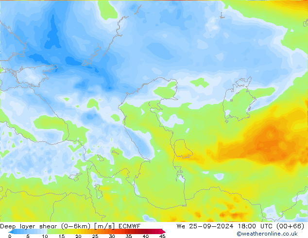 Deep layer shear (0-6km) ECMWF  25.09.2024 18 UTC