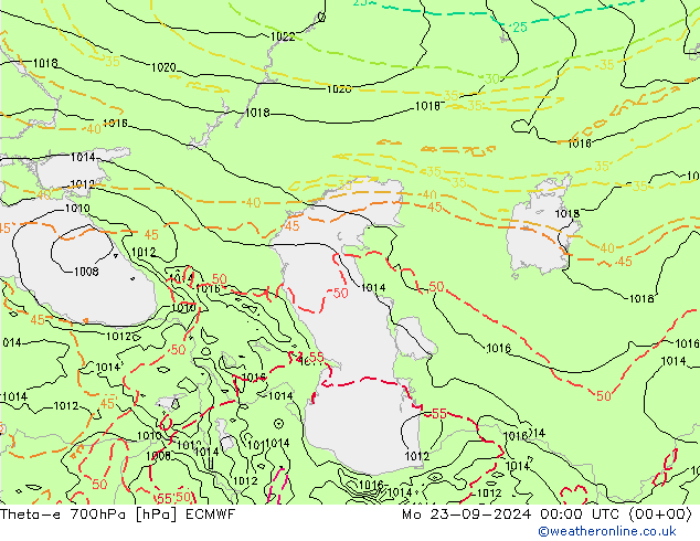 Theta-e 700hPa ECMWF lun 23.09.2024 00 UTC