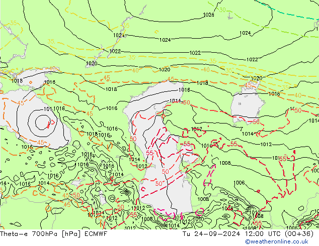 Theta-e 700hPa ECMWF Tu 24.09.2024 12 UTC