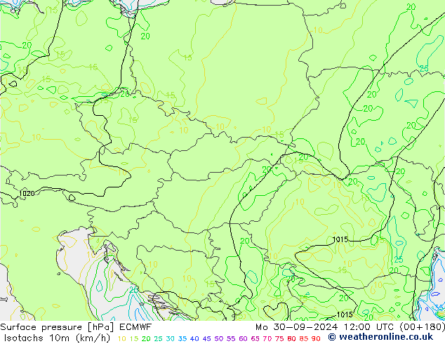 Isotachs (kph) ECMWF lun 30.09.2024 12 UTC