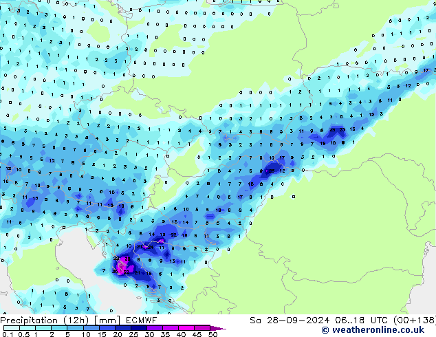 Precipitazione (12h) ECMWF sab 28.09.2024 18 UTC