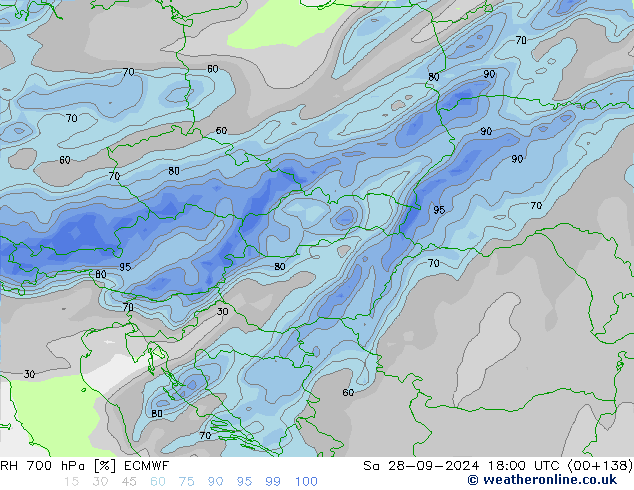 RH 700 hPa ECMWF sab 28.09.2024 18 UTC