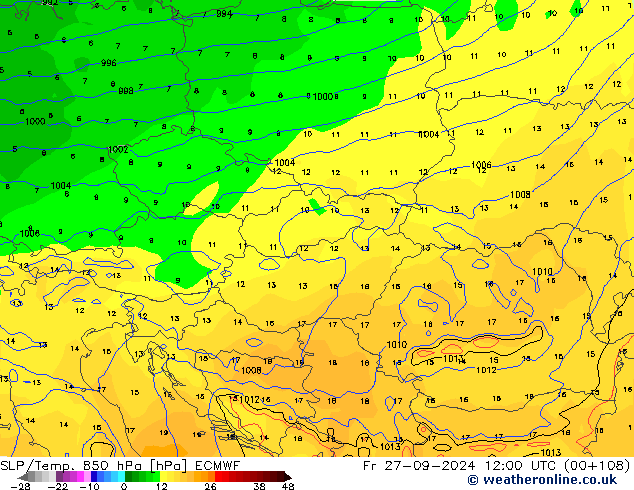 SLP/Temp. 850 hPa ECMWF Fr 27.09.2024 12 UTC