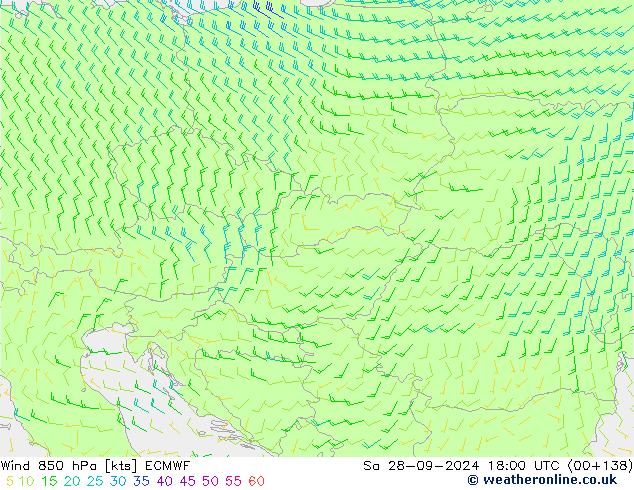 Vento 850 hPa ECMWF sab 28.09.2024 18 UTC