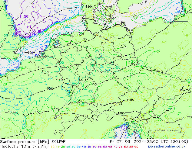 Isotachs (kph) ECMWF  27.09.2024 03 UTC