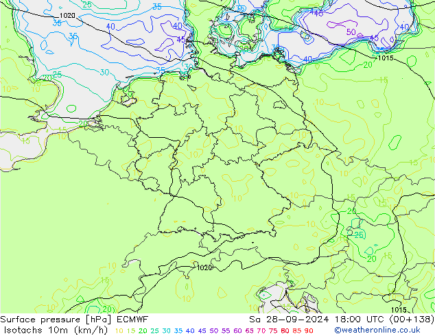 Isotachs (kph) ECMWF сб 28.09.2024 18 UTC