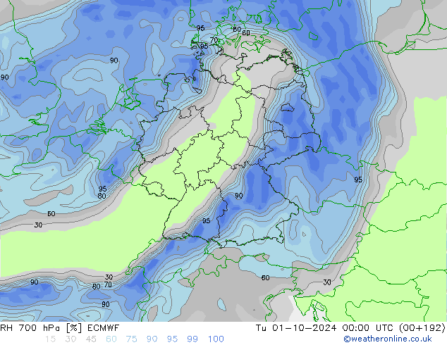 RH 700 hPa ECMWF mar 01.10.2024 00 UTC